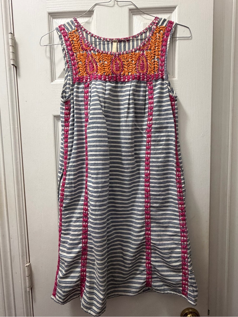 Uncle Frank Blue & White Striped Sleeveless Dress with Pink & Orange Embroidery